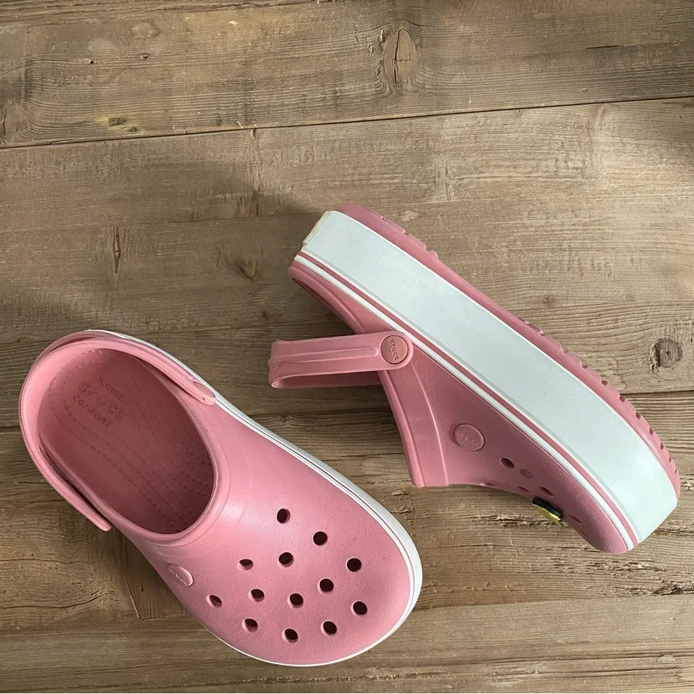 CROCS Women’s Pink White Clogs Crocband Comfort Platform Jibbitz Charm Sandals 7_2